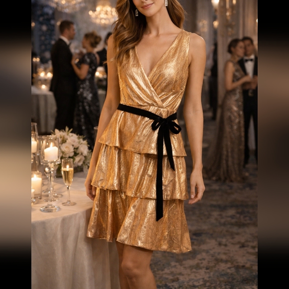 NWT Badgley Mischka by Mark and James gold cocktail dress size 0